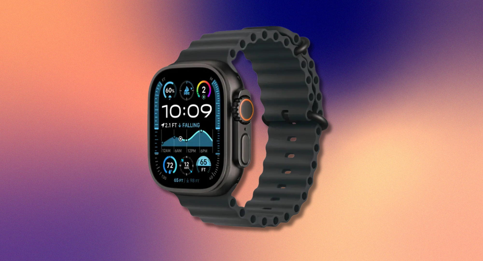 A black Apple Watch Ultra with a black sport band against a colorful background.