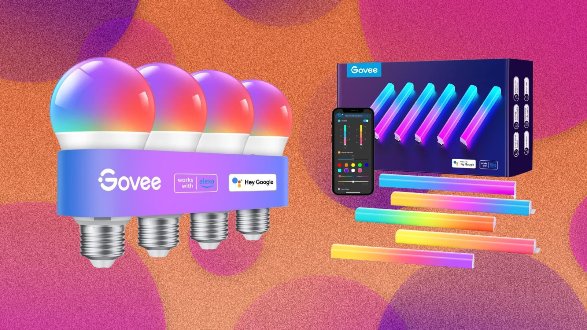 Two Govee products appear on an orange and purple bubble background, the products are four Govee smart light bulbs, and five light strips as well as packaging.