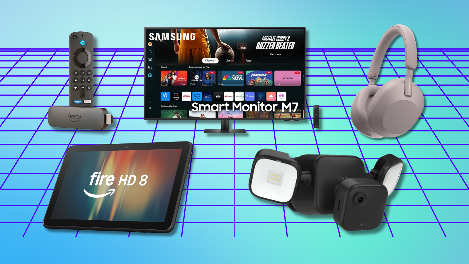 Amazon Fire TV Stick 4K, Fire HD 8 tablet, Samsung M7 monitor, Blink floodlight cam, and Sony Wh-1000xm5 headphones with blue and purple background