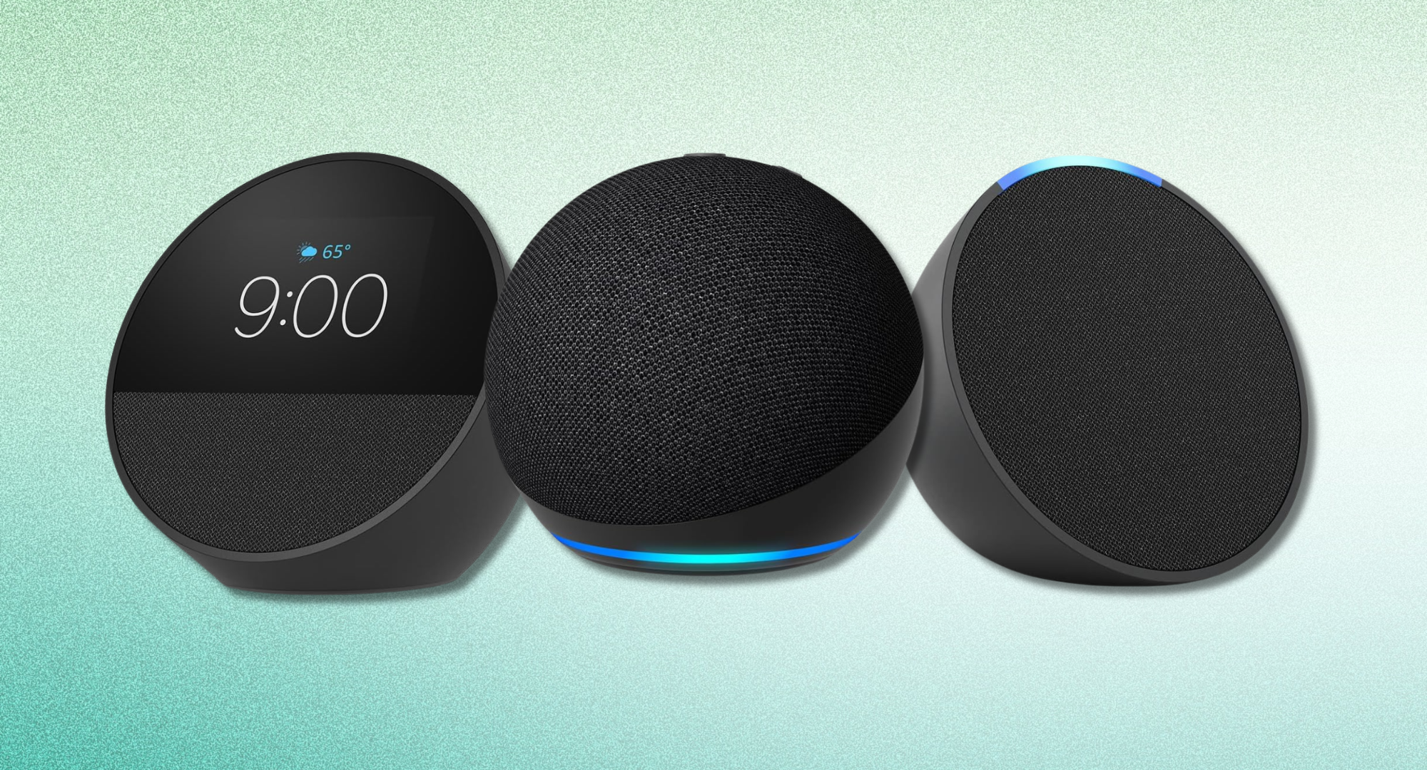 Three echo smart speakers against a green background. 