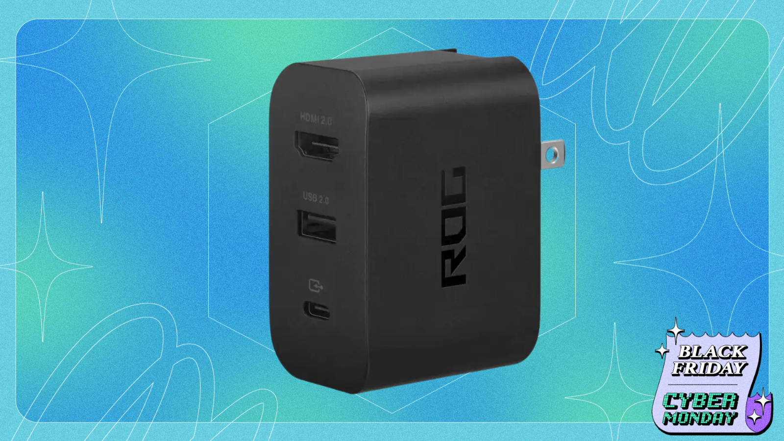 ASUS ROG Ally Charger Dock on a blue black friday gradient background