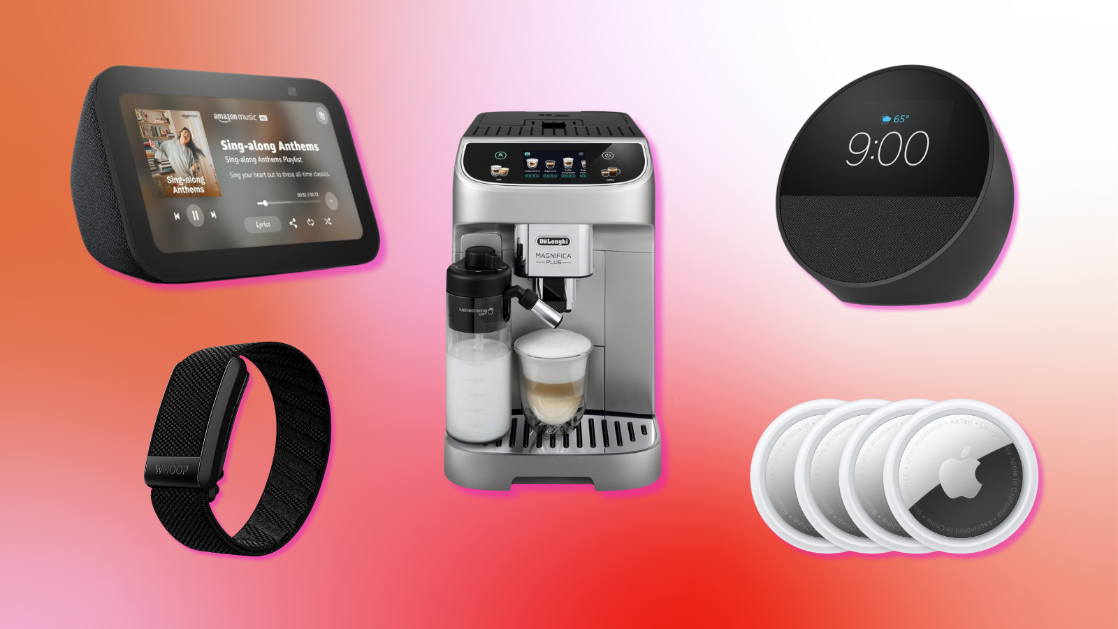 Echo Show 5, Whoop 4.0, De'Longhi espresso machine, Apple AirTags, and Echo Spot with pink gradient background