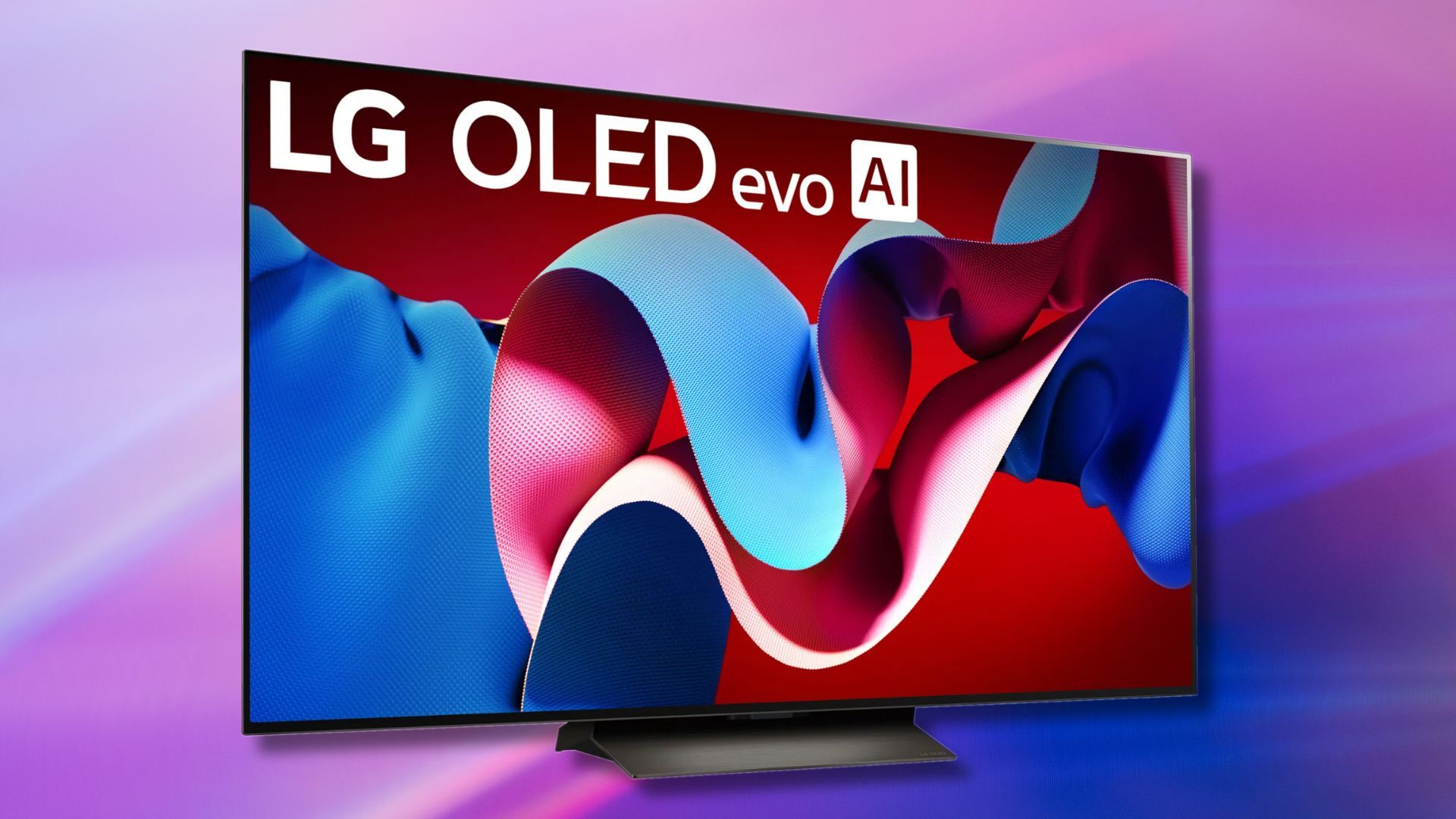 65-inch lg c4 tv angled on a purple background