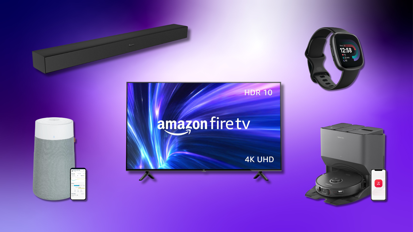 Roku soundbar, Blueair puriifer, Amazon Fire TV, Fitbit Versa 4, and Roborock S8 Pro Ultra with purple background