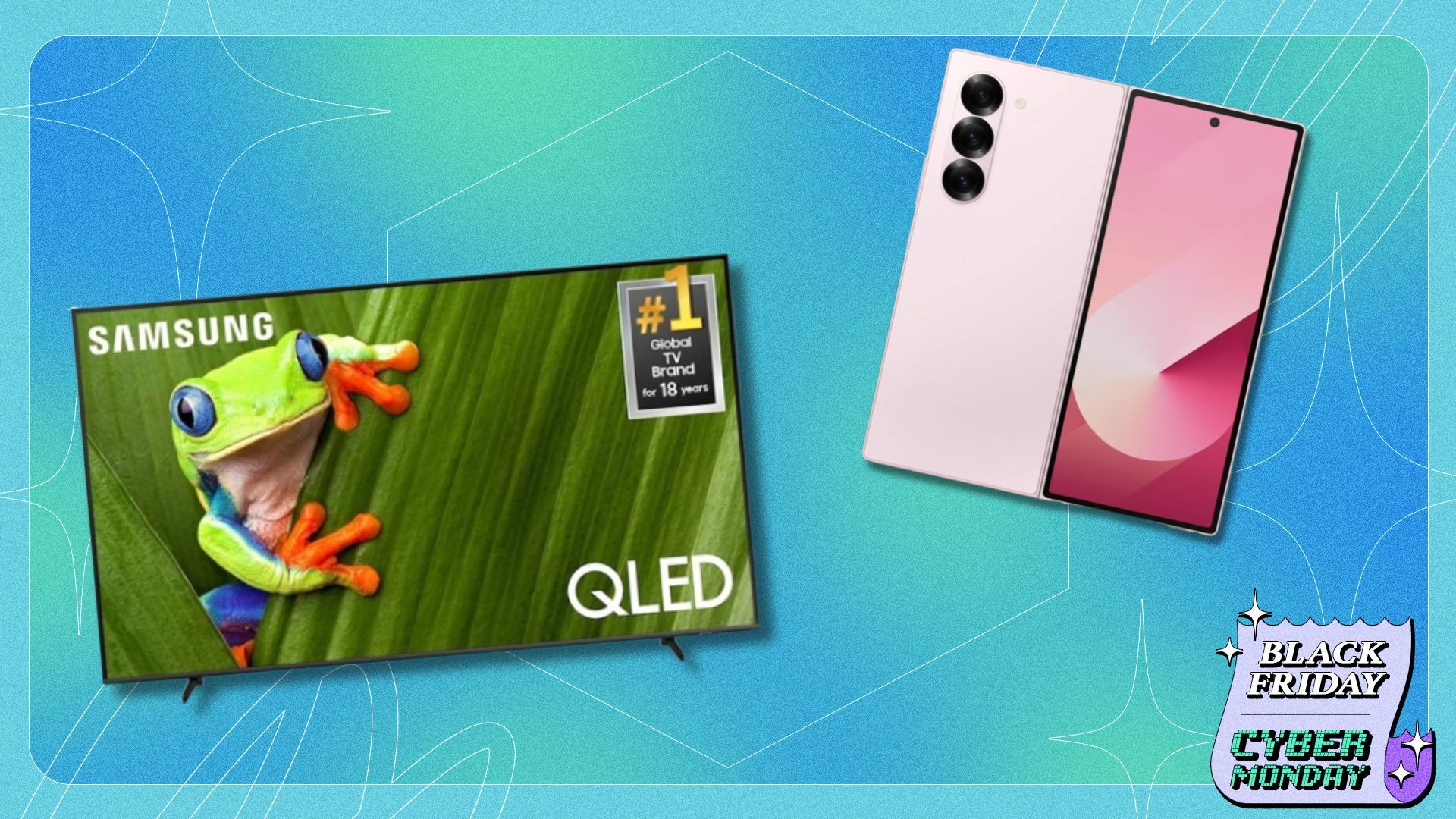 a samsung QLED TV and a Samsung galaxy z fold6 phone in a pink colorway