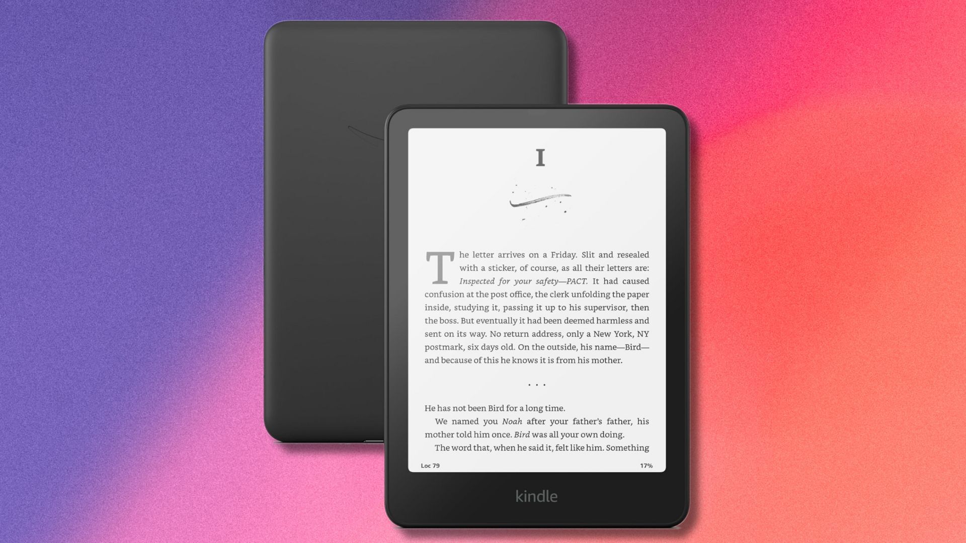 amazon kindle paperwhite on a purple, pink, and orange gradient background