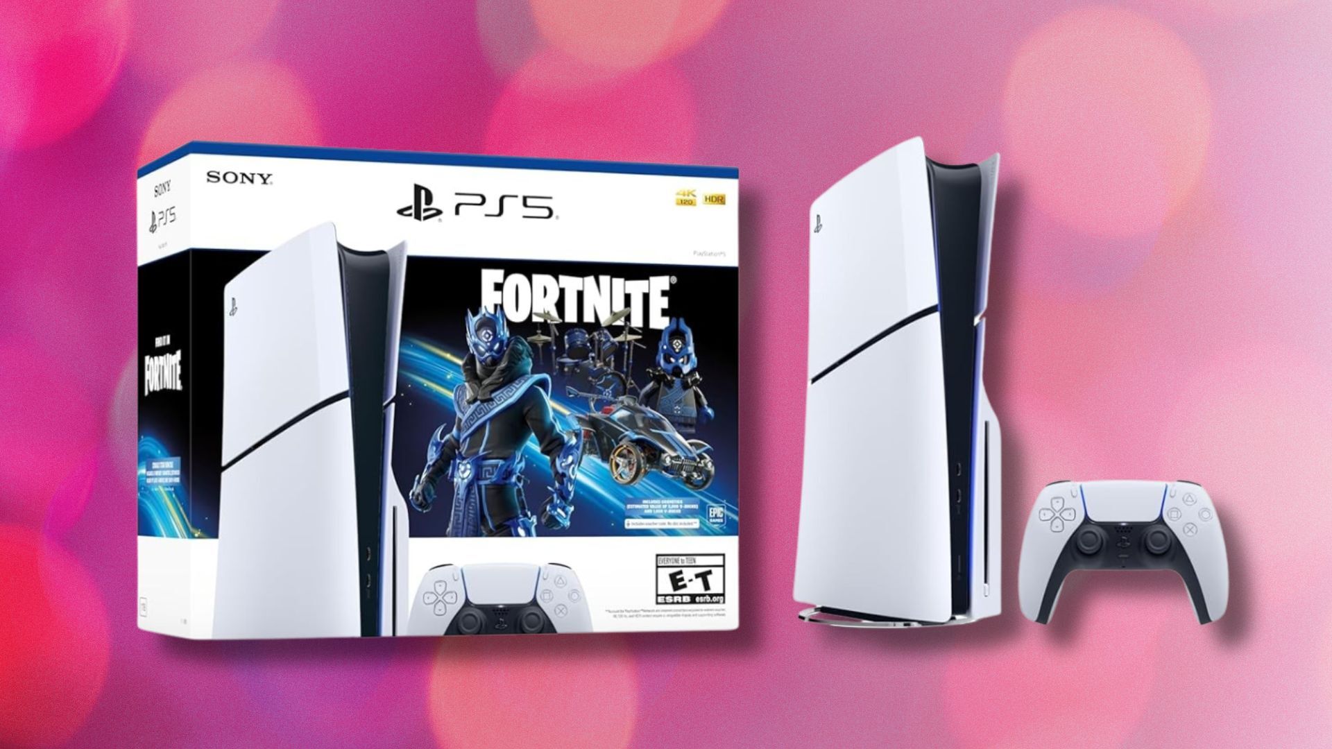playstation 5 fortnite cobalt star bundle box on the left and the console and controller on the right against a pink circular background
