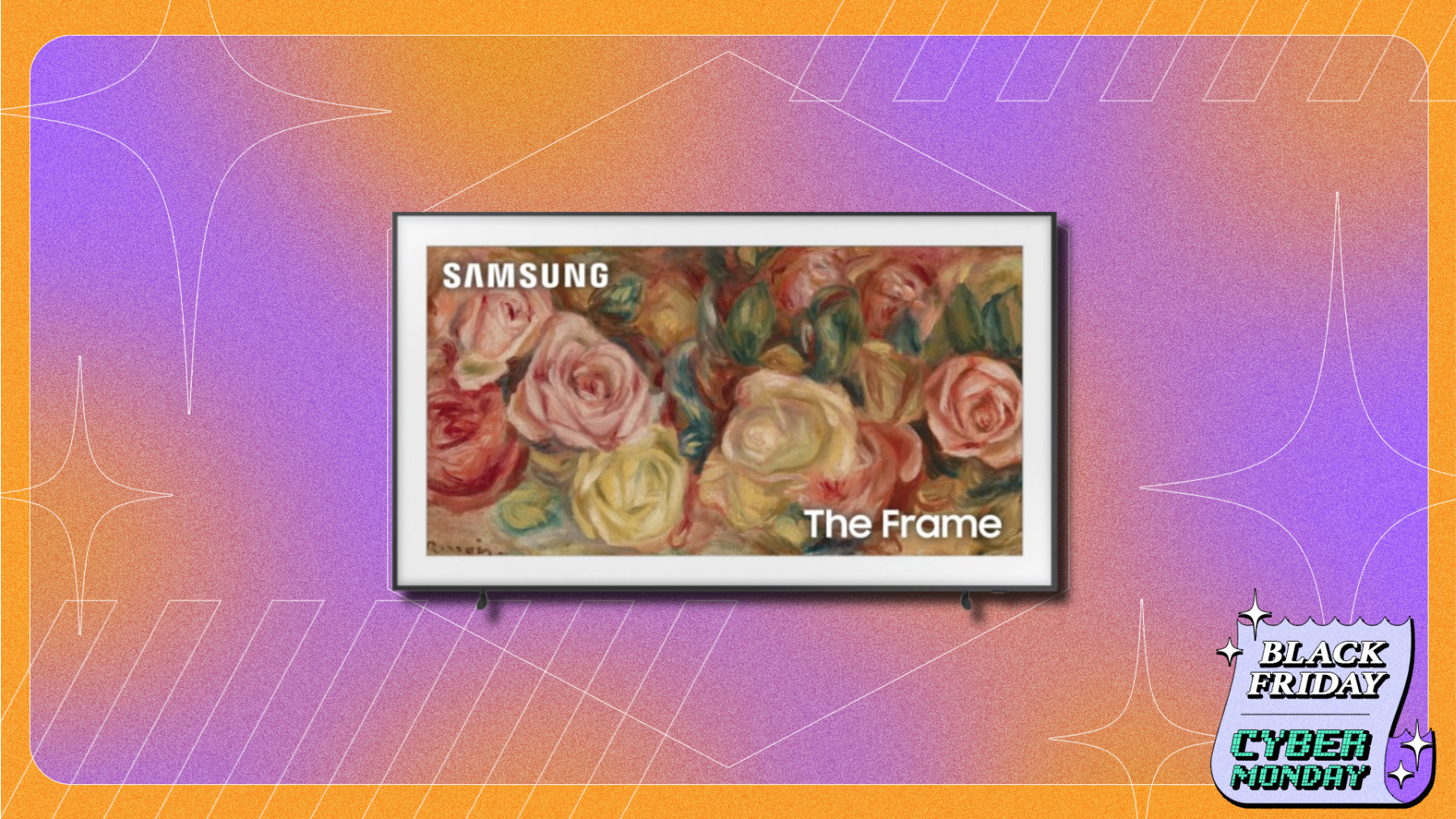 Samsung The Frame QLED TV on purple and orange backdrop