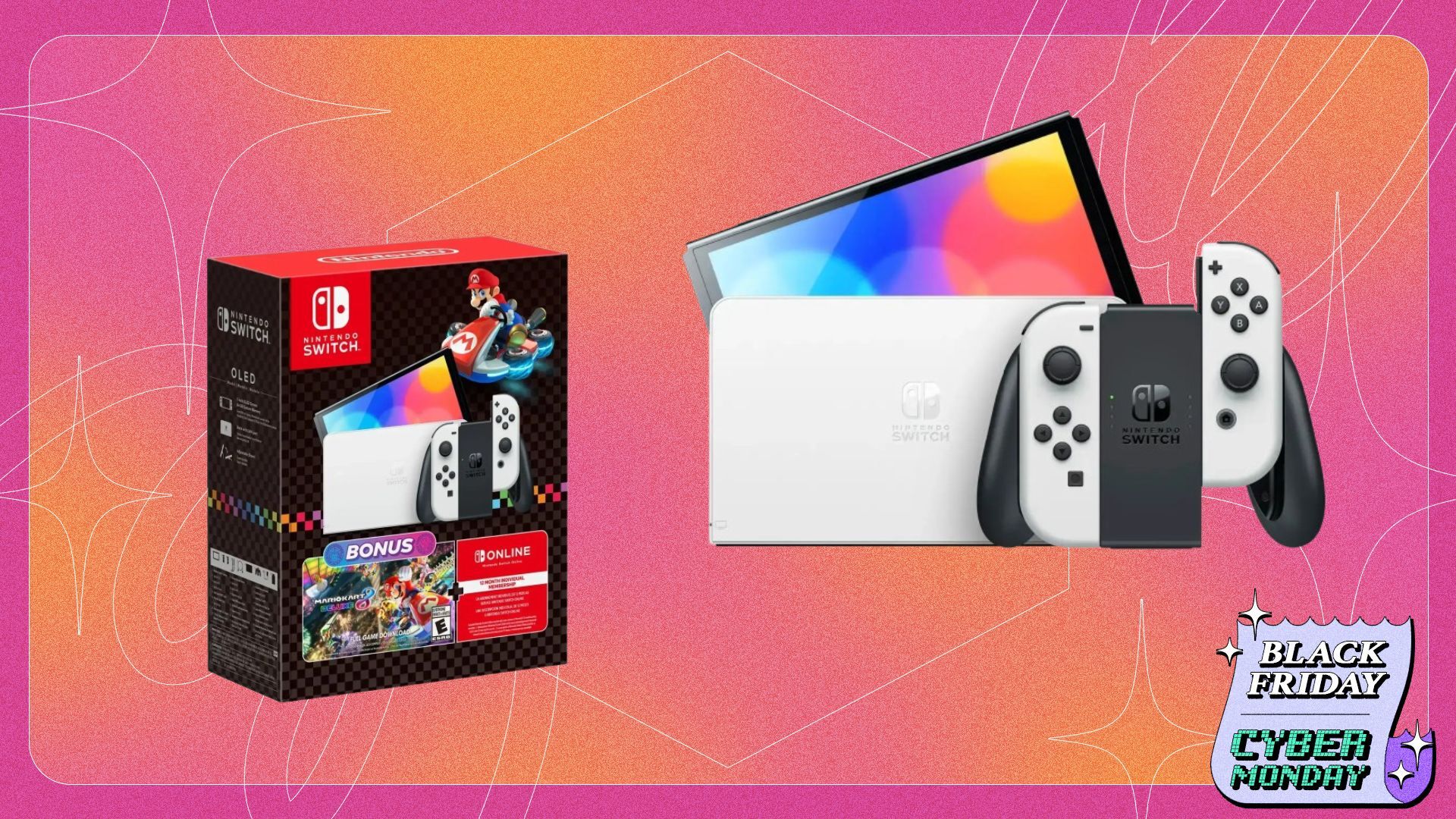 nintendo switch console and box on orange background with badge that reads 'black friday cyber monday'