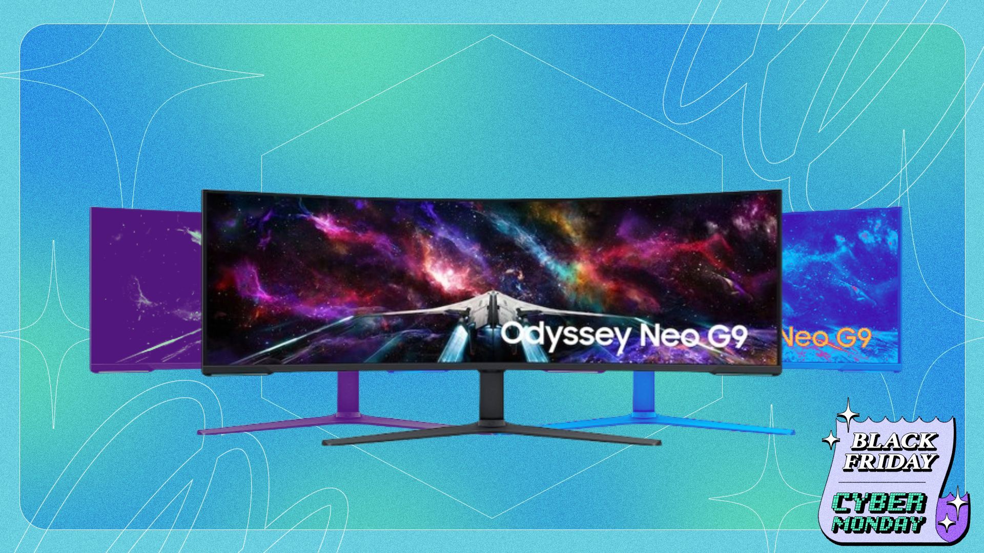samsung gaming monitors on blue background with badge that reads 'black friday cyber monday'