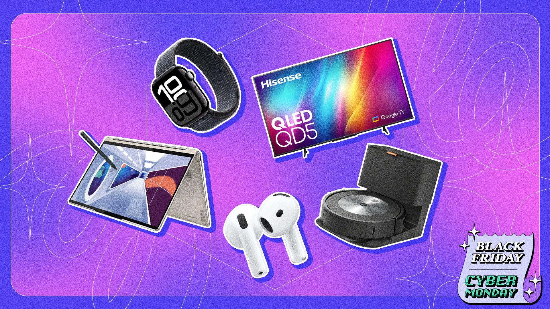 A colorful Black Friday background with an Apple watch, Hisense TV, iRobot vacuum, Microsoft 2-in-1 laptop, and Apple AirPods.