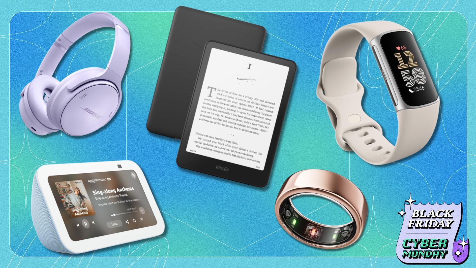 bose headphones, a kindle paperwhite, fitbit fitness tracker, and oura ring on a blue and turquoise background