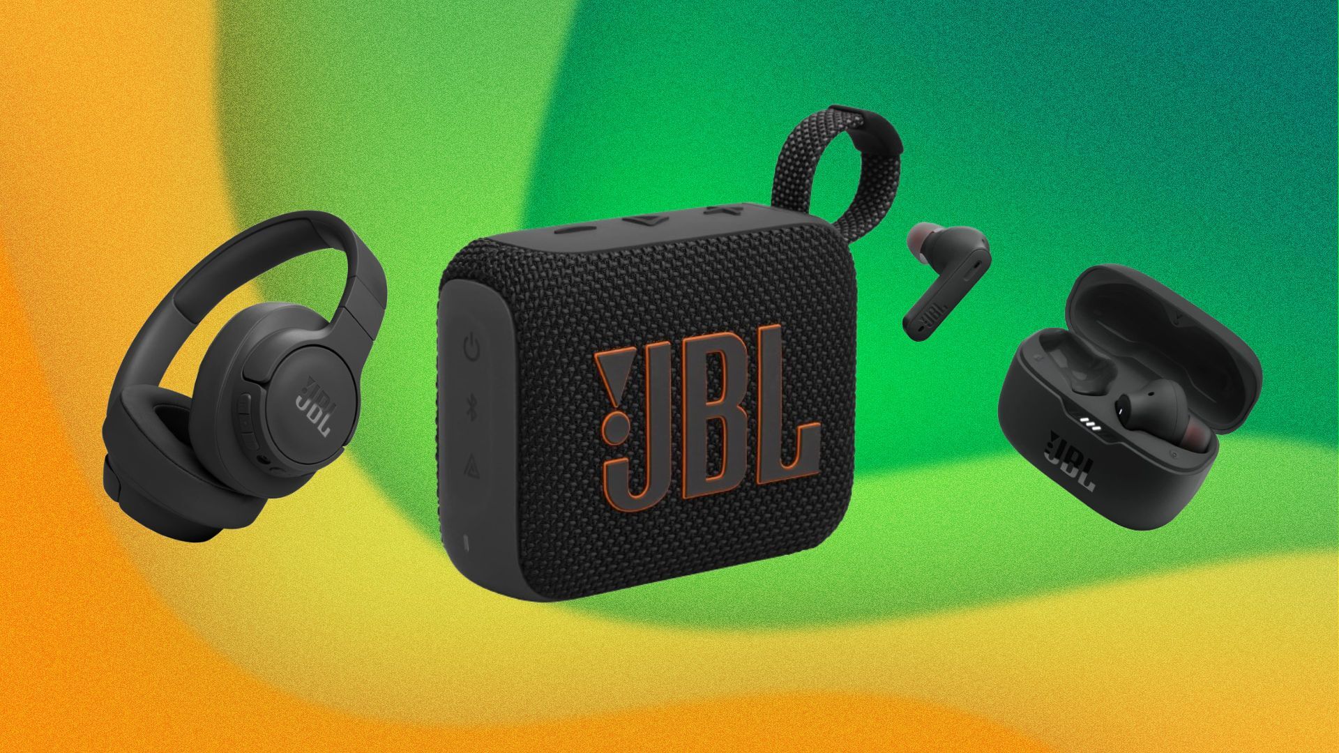 Two JBL Tune headphone sets and a JBL Go 4 speaker appear on a yellow and green swirly background.