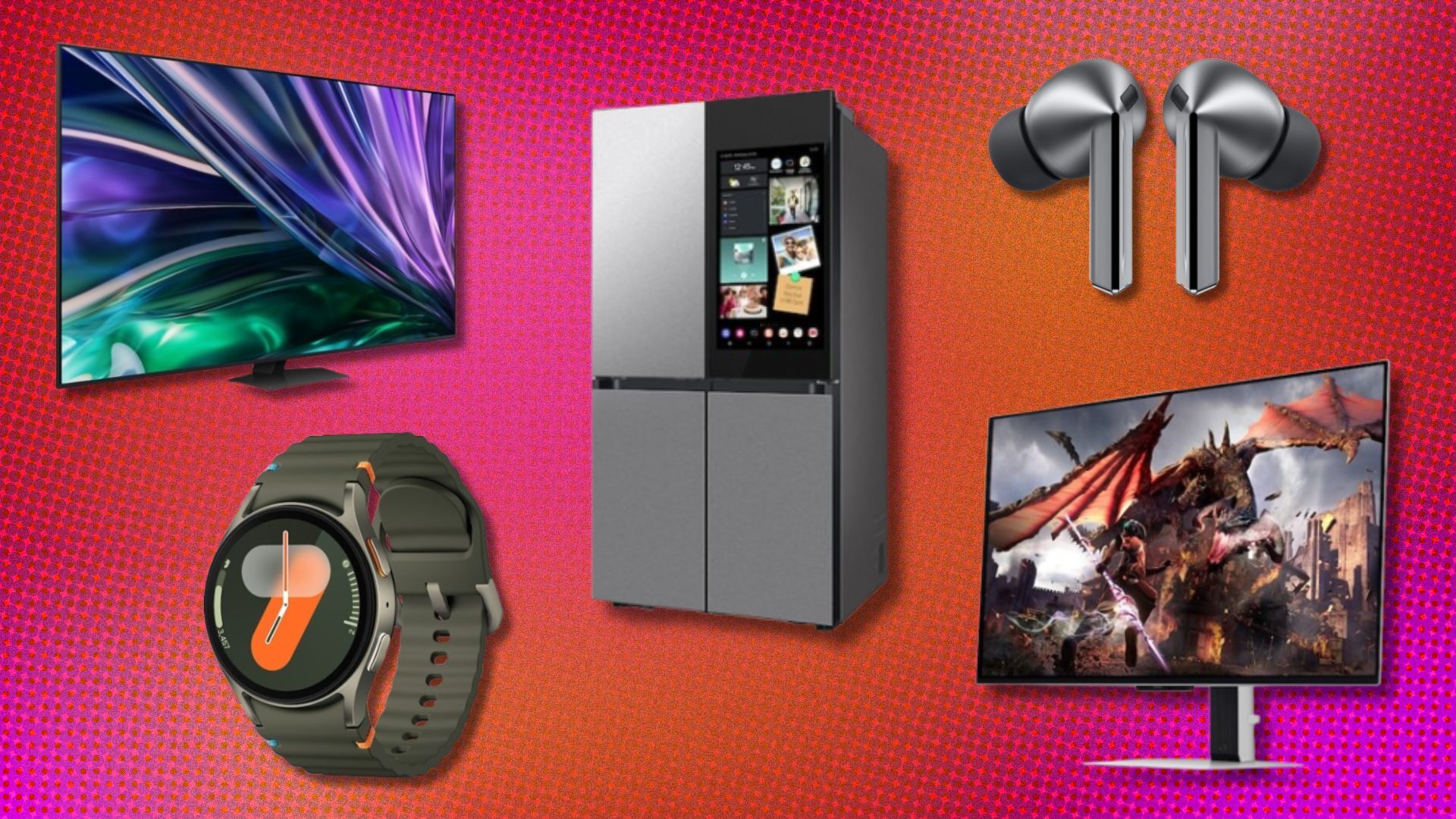 a Samsung TV, watch, refrigerator, earbuds, and monitor on a pink and orange background