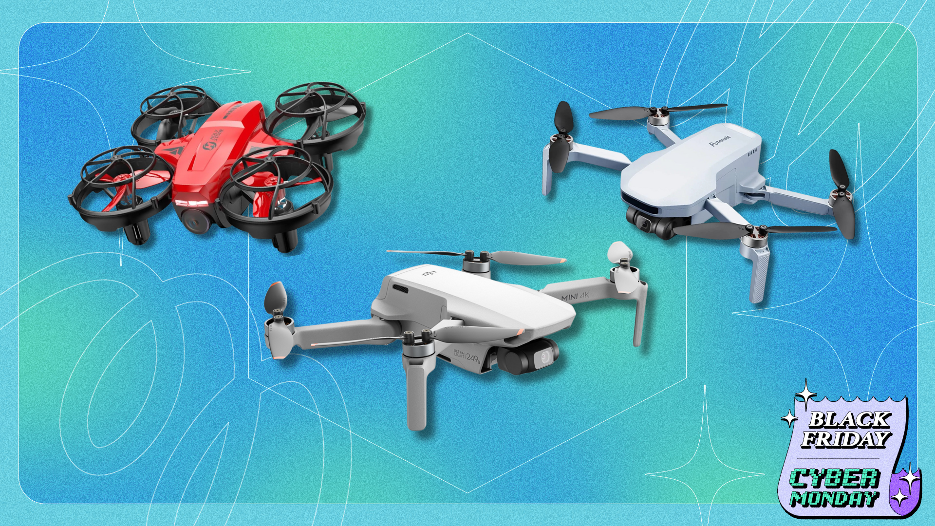 A collage featuring three popular drones on a blue background: the DJI Mini 3 Pro (top right), the Potensic Atom SE (top left), and the DJI Mini 2 (bottom center).