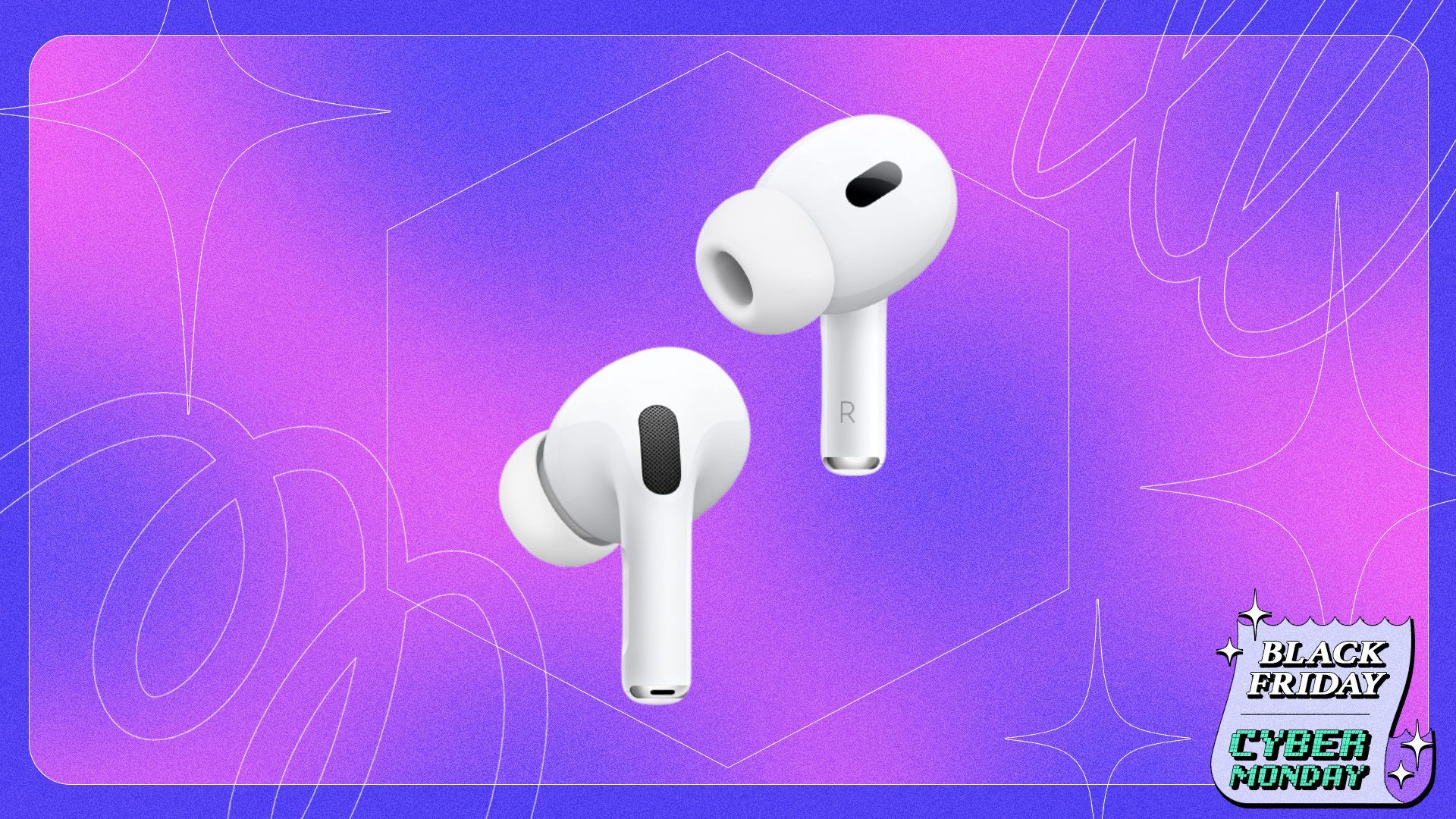 Two Apple AirPods Pro 2 appear on a purple and blue background with the Mashable Black Friday logo.