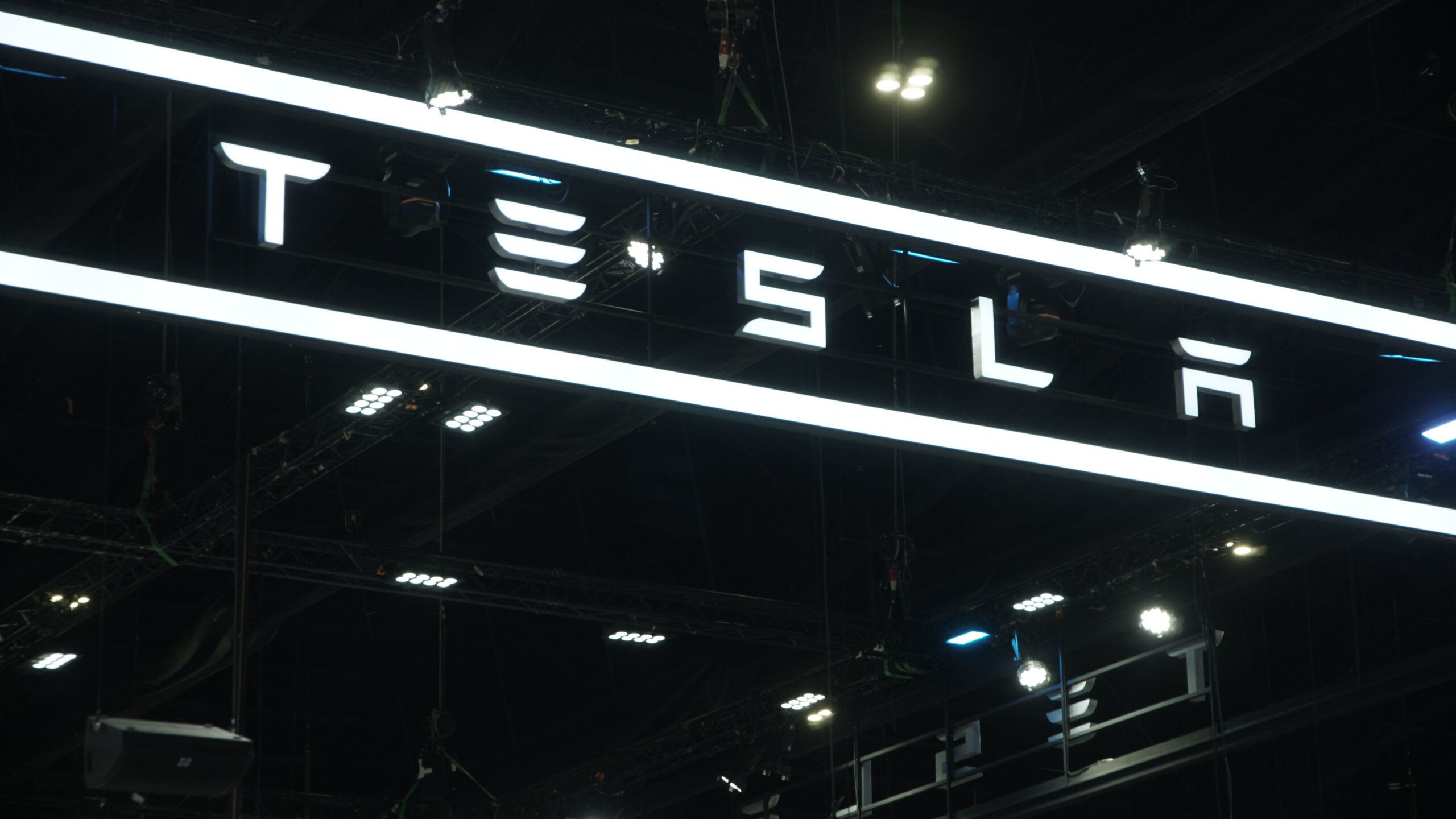 tesla name in stylized, light up letters