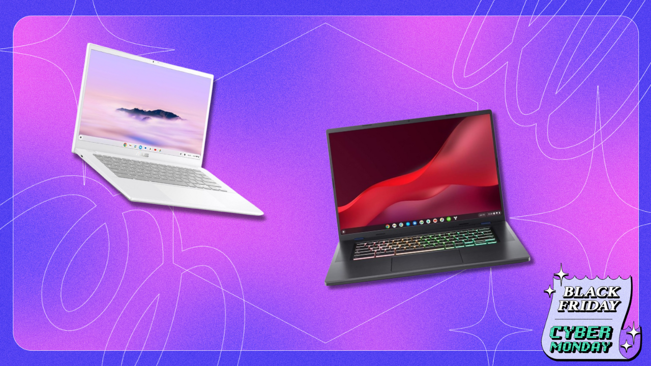 Chromebook laptops in front of a purple background