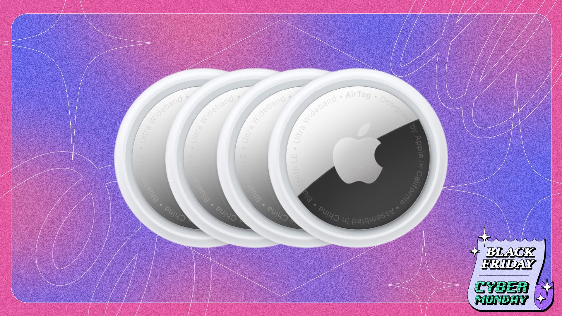 An Apple AirTag 4 Pack appears on a pink and purple background with the Mashable Cyber Monday logo.