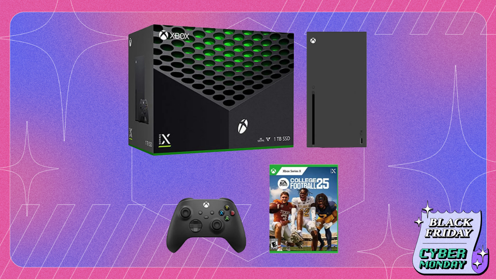 Xbox Series X College Football 25 Bundle on a purple cyber monday gradient background