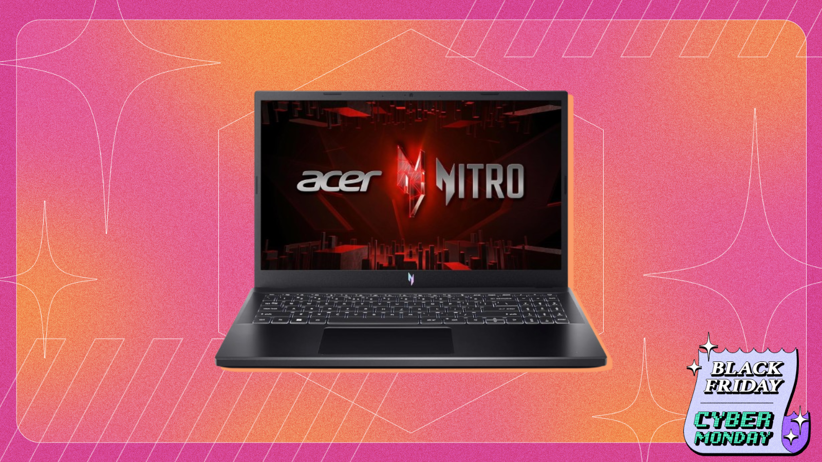 the acer nitro v 15 against a pink and orange gradient background