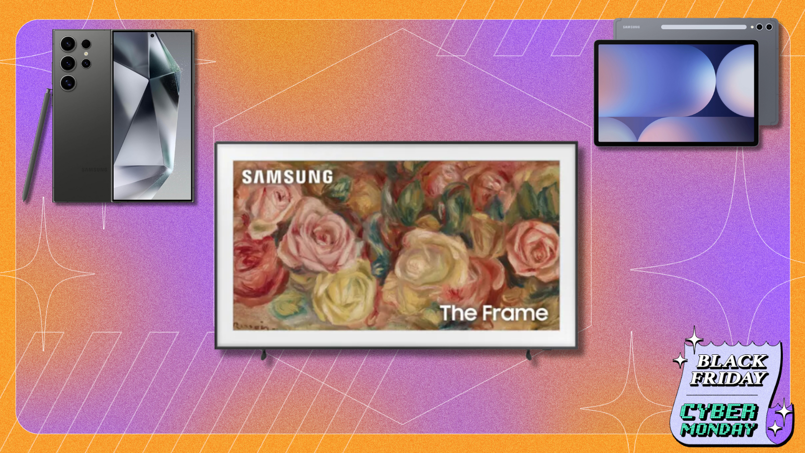 Samsung items on orange and purple Black Friday and Cyber Monday background