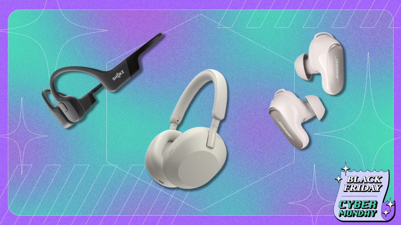 Various headphones in front of a purple and blue background