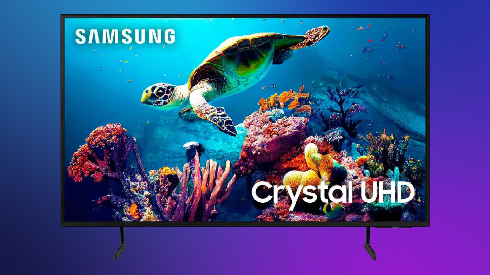 Samsung DU6900 TV on a purple gradient background