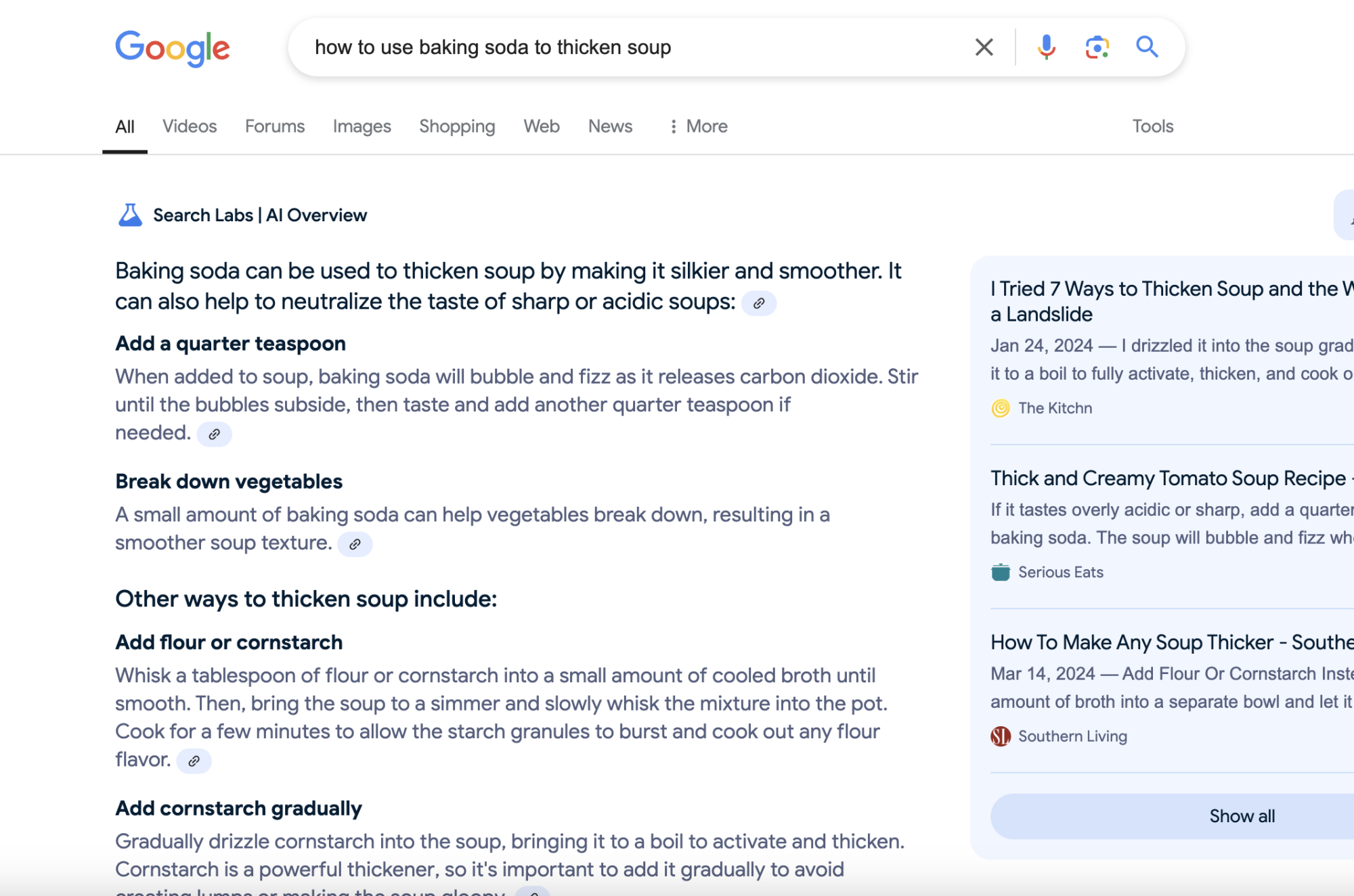 A Google Search user seeking confirmation that baking soda can thicken soup, and receiving it from an AI Overview