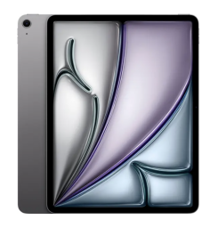 iPad Air in space gray with abstract gray, purple, and blue screensaver