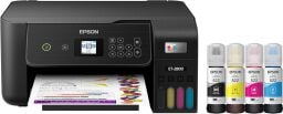 An Epson printer appears on a white background with four bottles of ink.