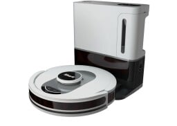 a white shark ai ultra robot vacuum with self-emptying base