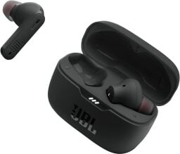 A set of JBL Tune 230NC earbuds appear on a white background.