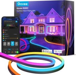 Govee rope lights curl around in front of Govee packaging and a smart phone.