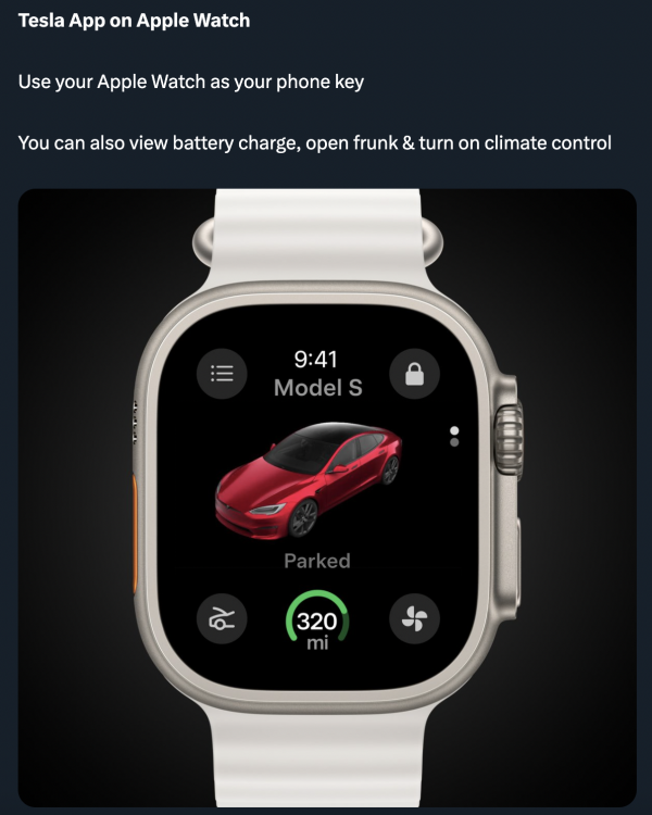 screenshot of tweet showing the apple watch tesla app