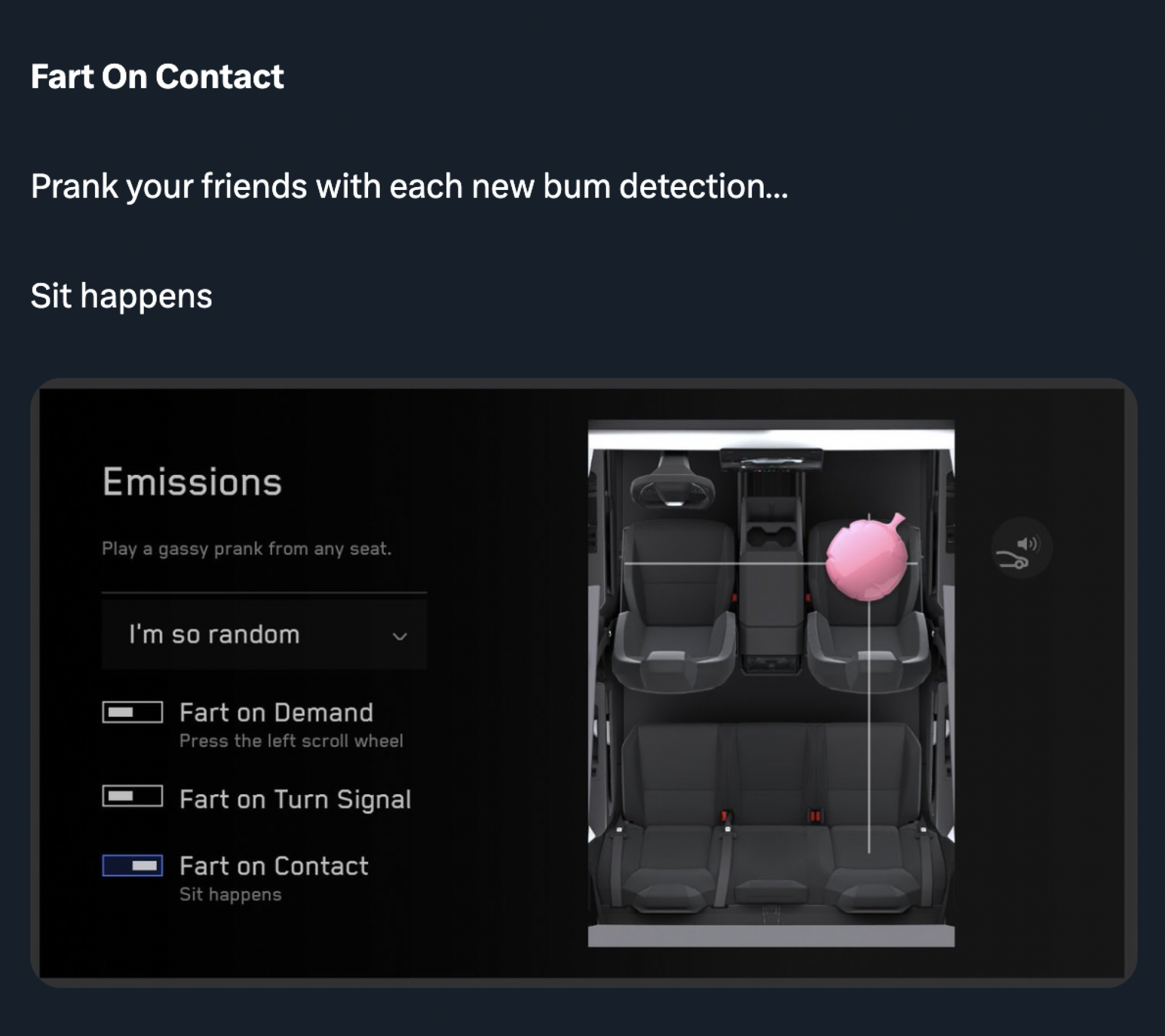 screenshot of tweet showing "fart on contact" setting