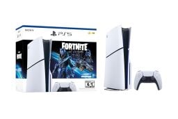 playstation 5 fortnite cobalt star bundle box on the left and the console and controller on the right against a white background