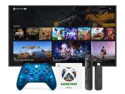 sky cipher xbox controller on the left, a one month game pass ultimate voucher in the middle, and a fire tv stick 4k on the right with a tv in the back against a white background