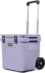 Lilac shaded cooler with wheels and a handle