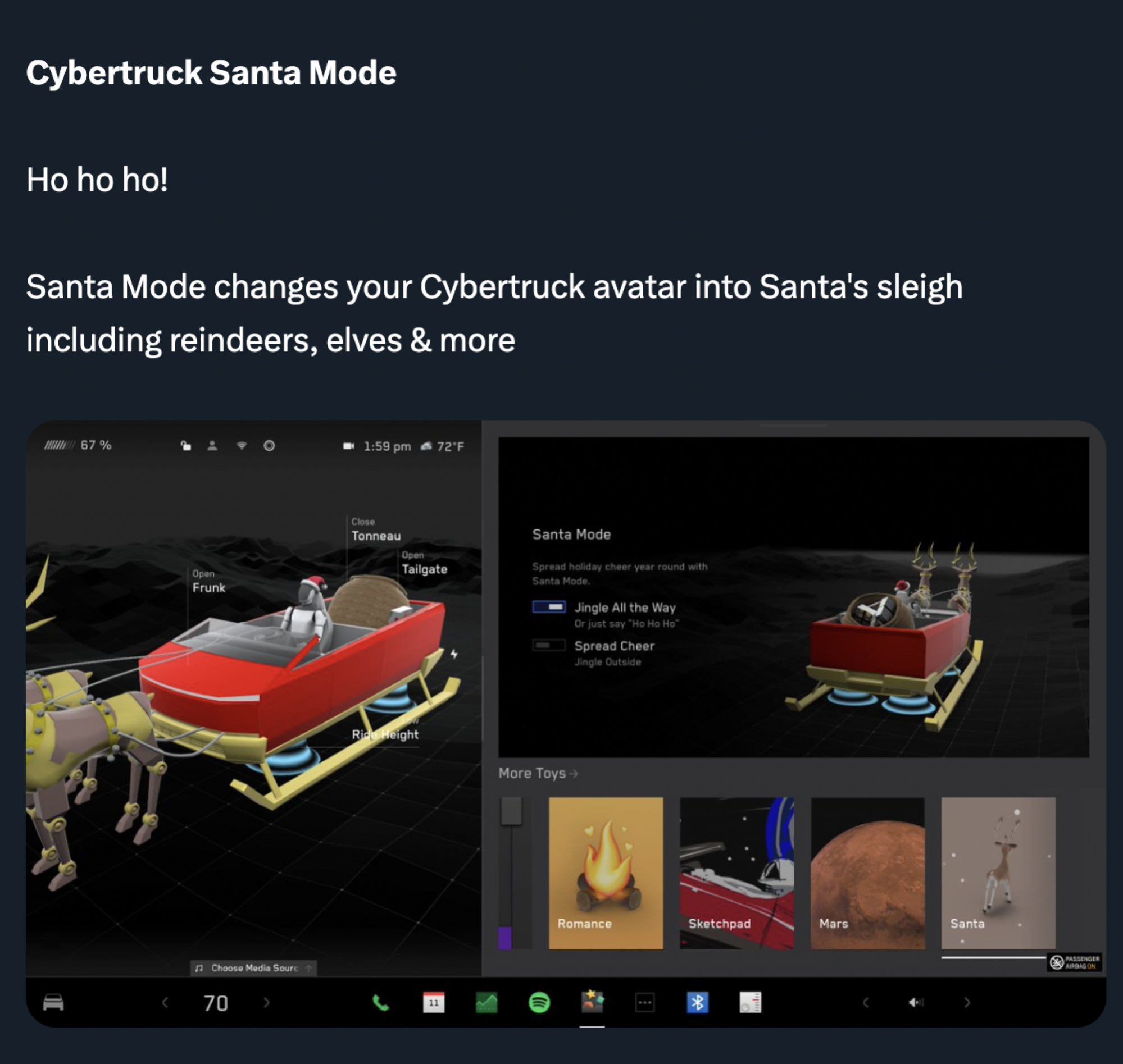 screenshot of x post showing santa mode on cybertruck