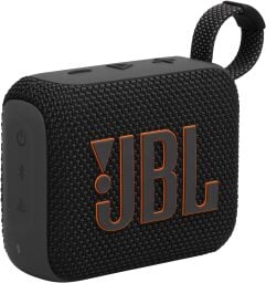 A black JBL Go 4 speaker appears on a white background.