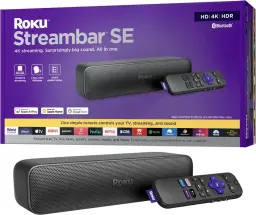 A Roku Streambar SE device next to its box