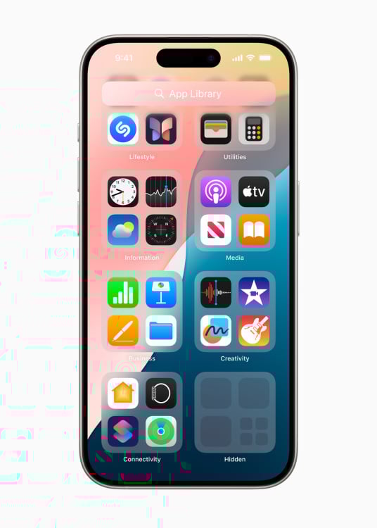 iPhone home screen showing the app library and a hidden app folder in the bottom left corner