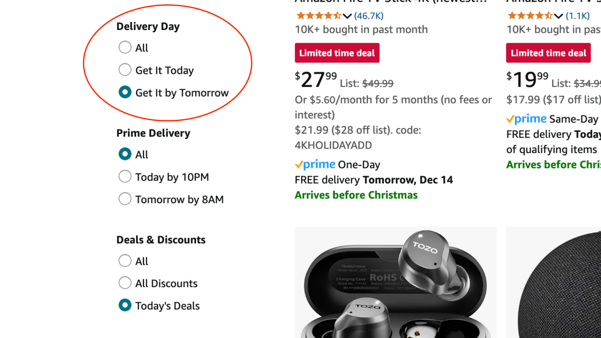 A screenshot of the Amazon website showing delivery filters
