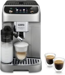 De'Longhi Magnifica Plus Espresso Machine with espresso cups and milk frother