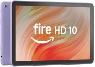 purple Amazon Fire HD 10 tablet with orange design on screen