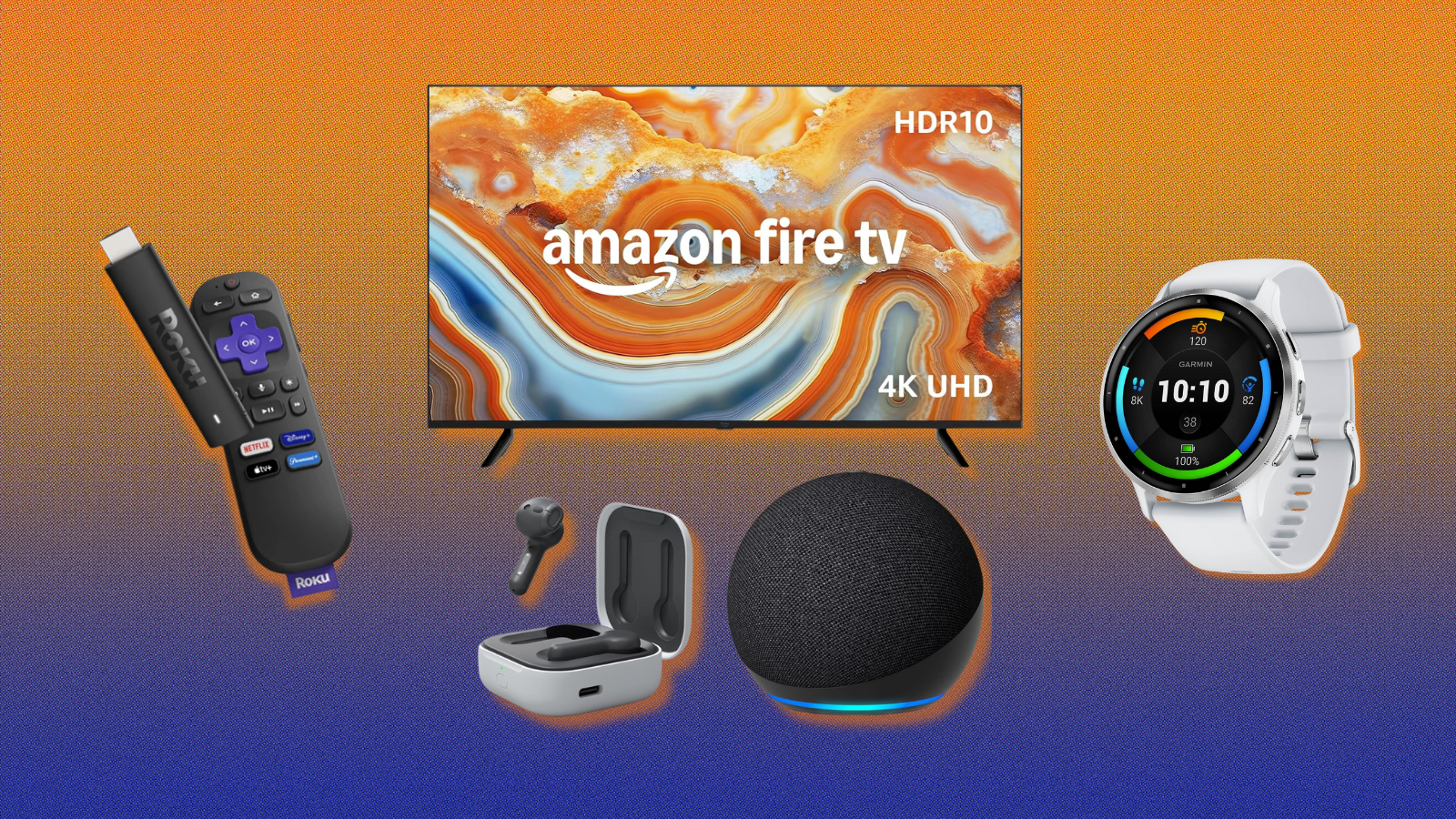 Amazon Echo Dot and Echo Buds, Fire TV, Roku streaming stick, and Garmin Venu 3 with purple and orange background