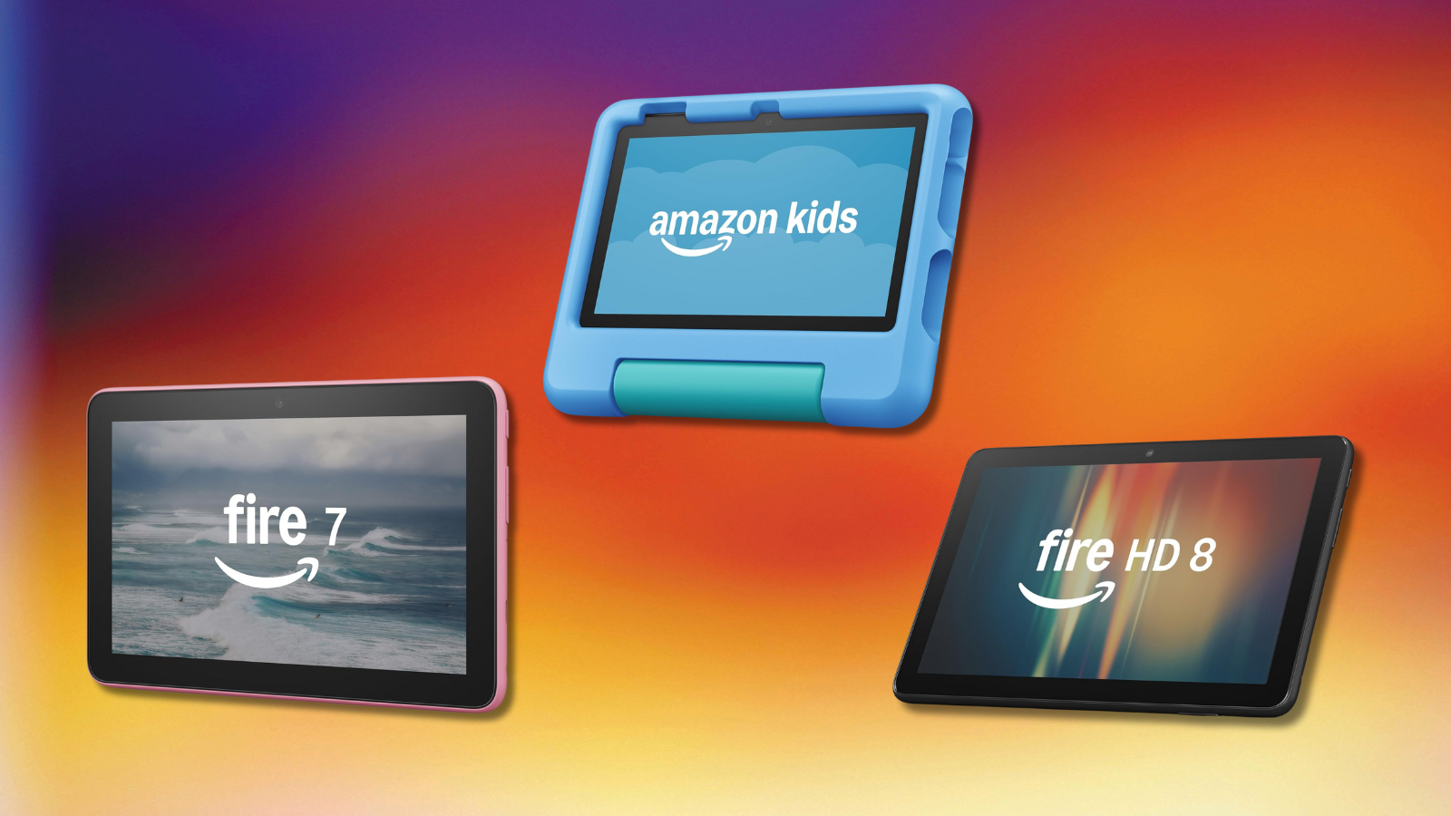 Amazon Fire tablets with colorful gradient background