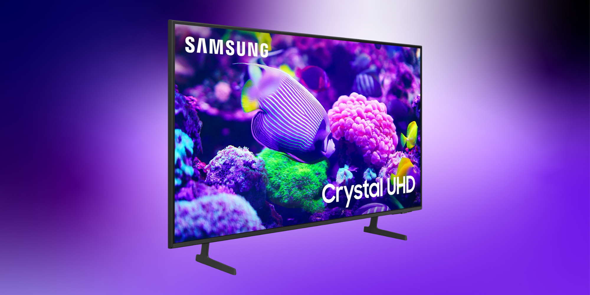 Samsung Crystal UHD TV on a purple gradient background