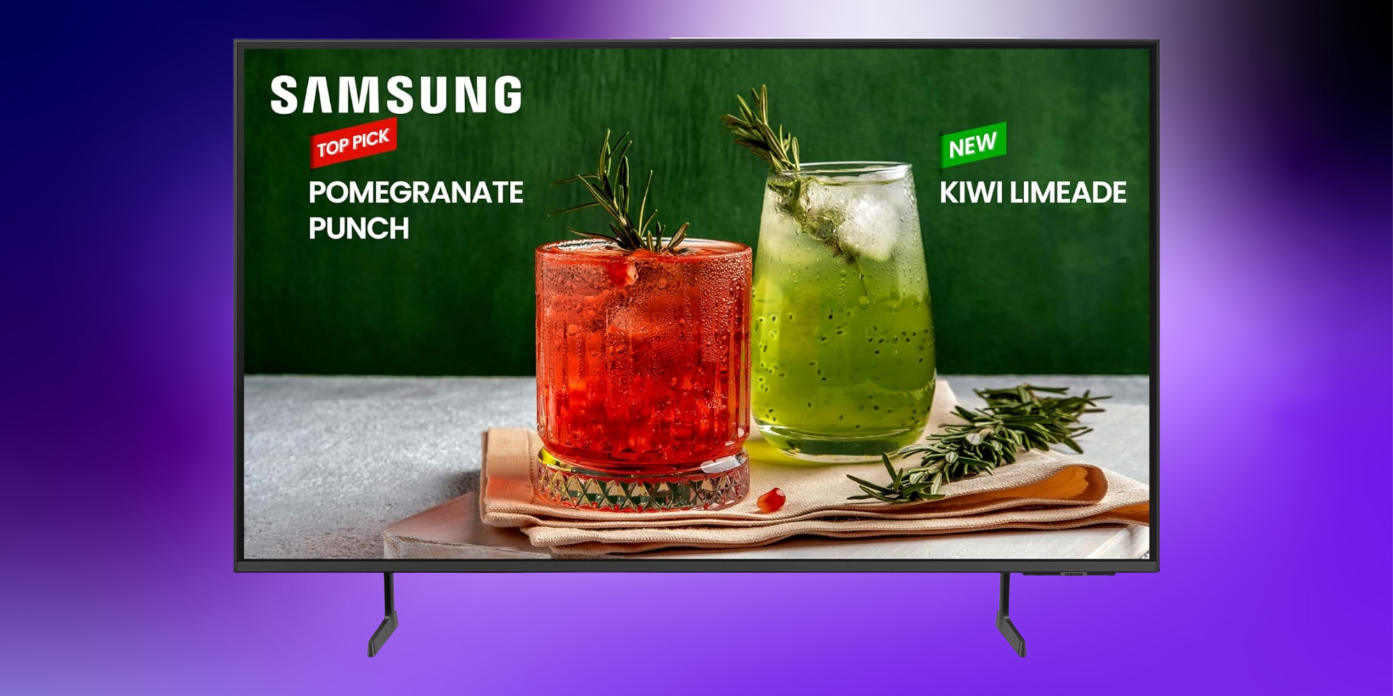 Samsung 75-inch 4K TV on a purple gradient background